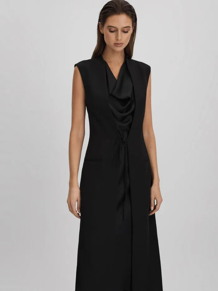 Women Reiss Dresses Cowl Neck Wrap Midi Dress Black