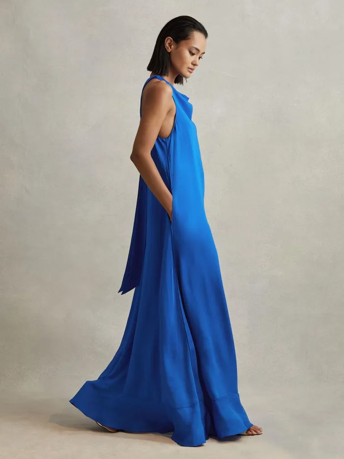 Women Reiss Dresses Dina Tie Neck Column Maxi Dress Cobalt Blue