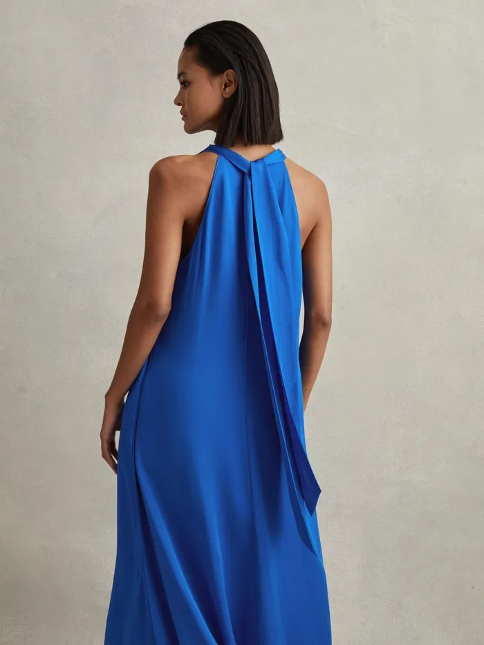 Women Reiss Dresses Dina Tie Neck Column Maxi Dress Cobalt Blue