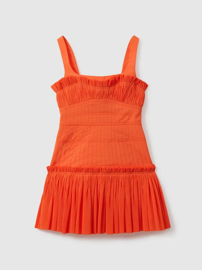 Women Reiss Dresses Fitted Pleated Mini Dress Orange