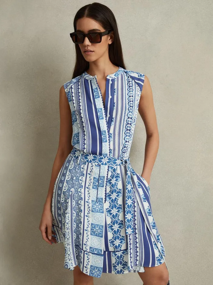 Women Reiss Dresses Florence Tile Print Belted Mini Dress Blue