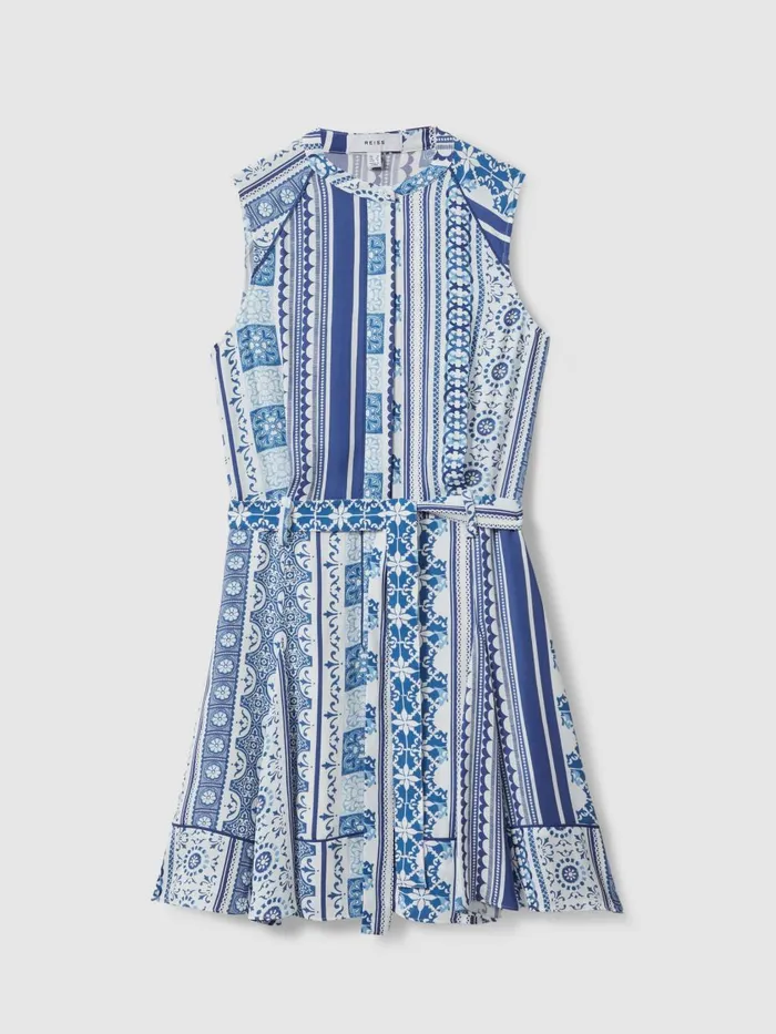 Women Reiss Dresses Florence Tile Print Belted Mini Dress Blue