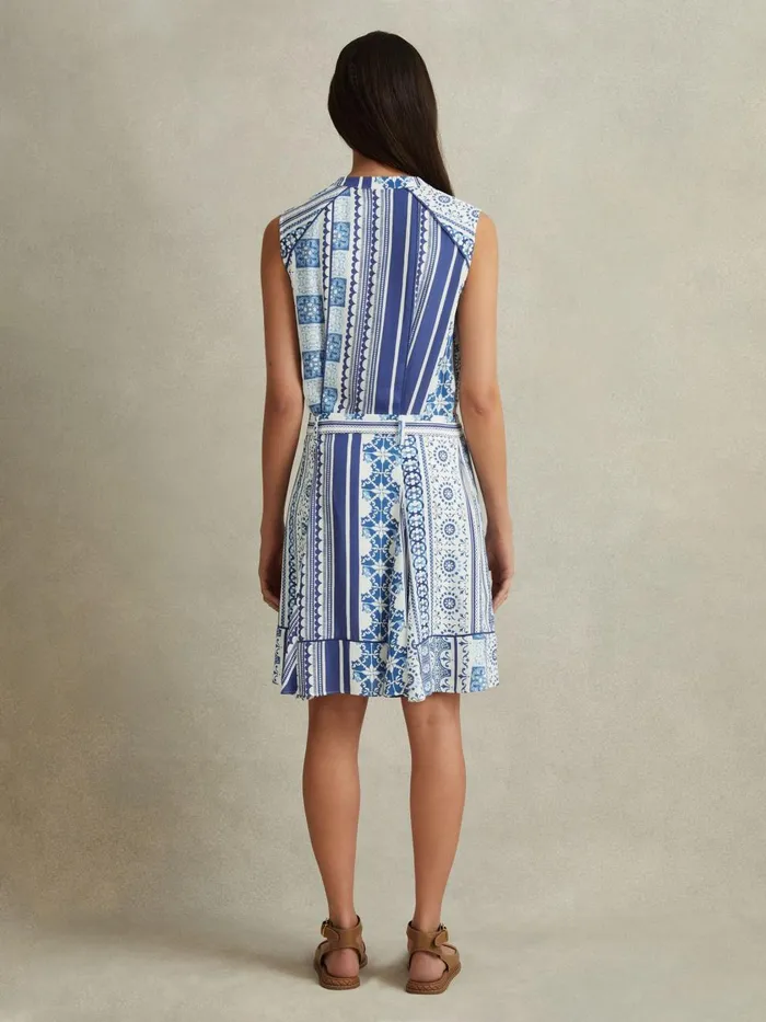 Women Reiss Dresses Florence Tile Print Belted Mini Dress Blue
