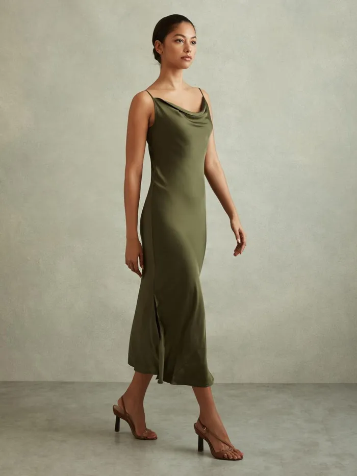 Women Reiss Dresses Isabel Satin Cowl Neck Midi Dress Khaki