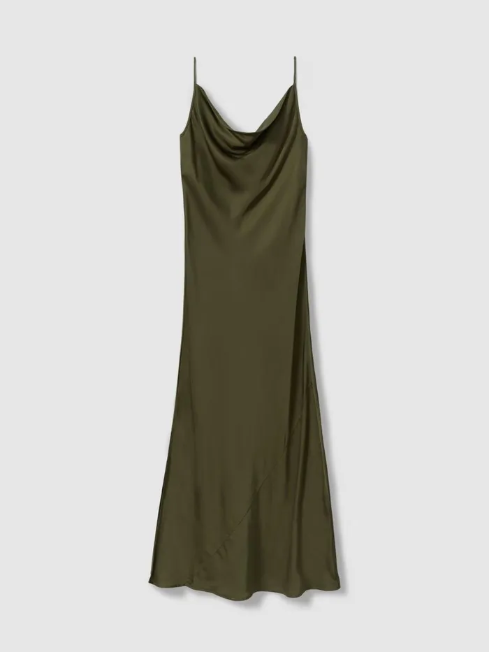 Women Reiss Dresses Isabel Satin Cowl Neck Midi Dress Khaki