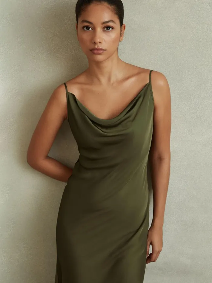 Women Reiss Dresses Isabel Satin Cowl Neck Midi Dress Khaki