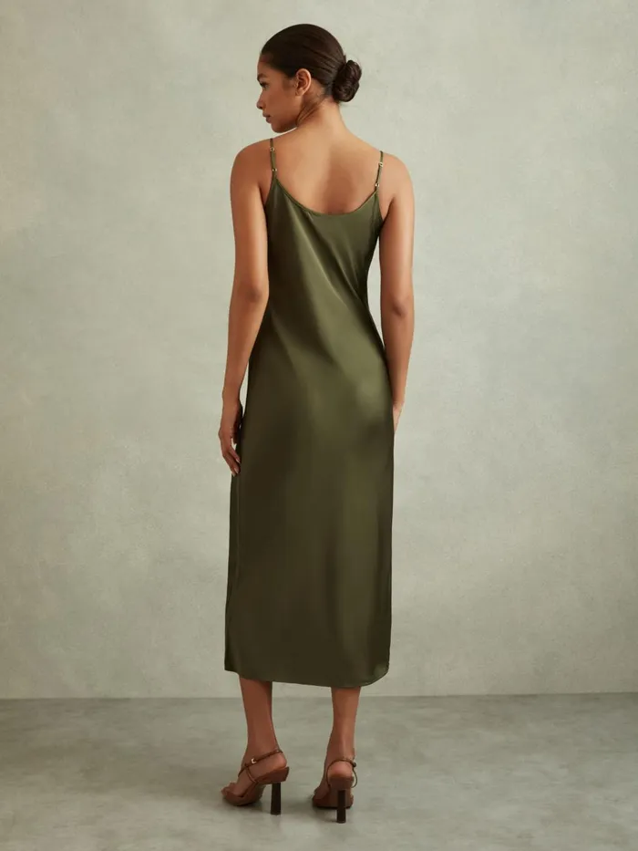 Women Reiss Dresses Isabel Satin Cowl Neck Midi Dress Khaki