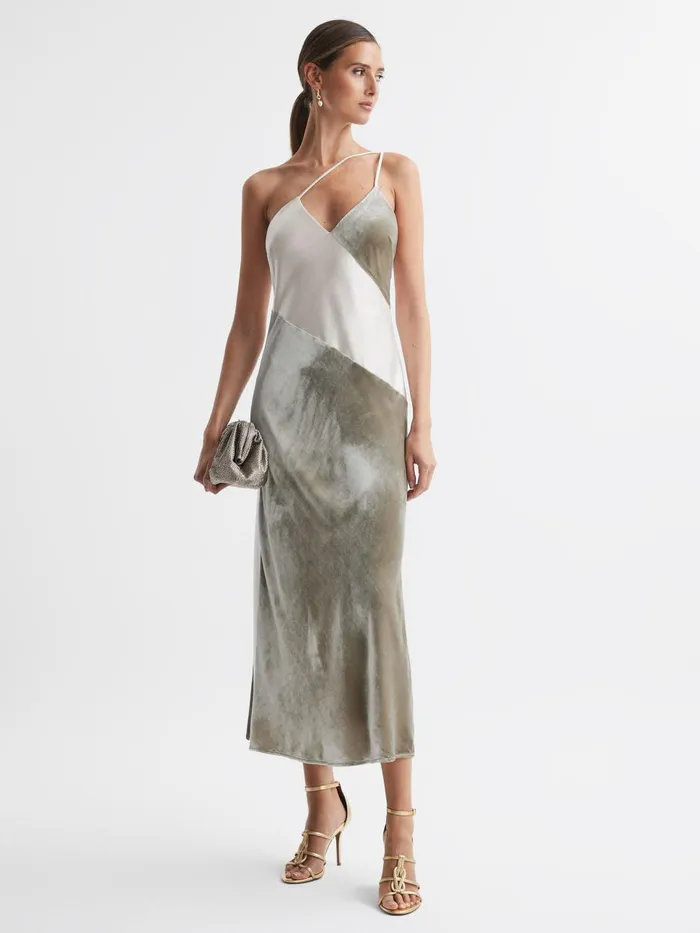 Women Reiss Dresses Keeley SilkVelvet Asymmetric Strap Midi Dress Silver