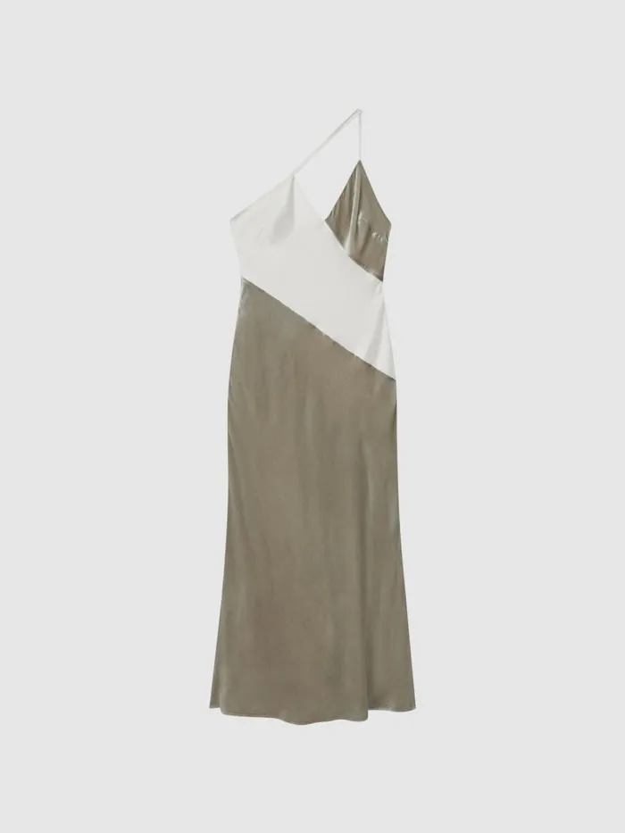 Women Reiss Dresses Keeley SilkVelvet Asymmetric Strap Midi Dress Silver
