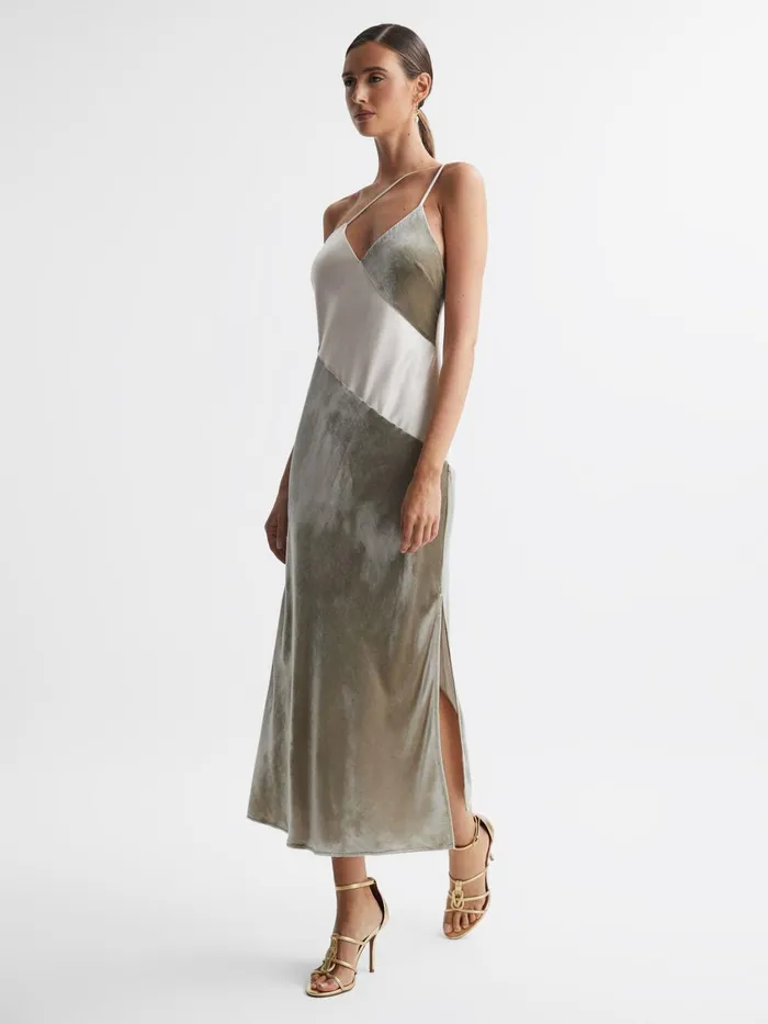 Women Reiss Dresses Keeley SilkVelvet Asymmetric Strap Midi Dress Silver