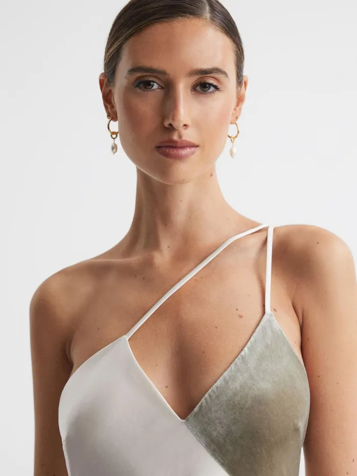 Women Reiss Dresses Keeley SilkVelvet Asymmetric Strap Midi Dress Silver