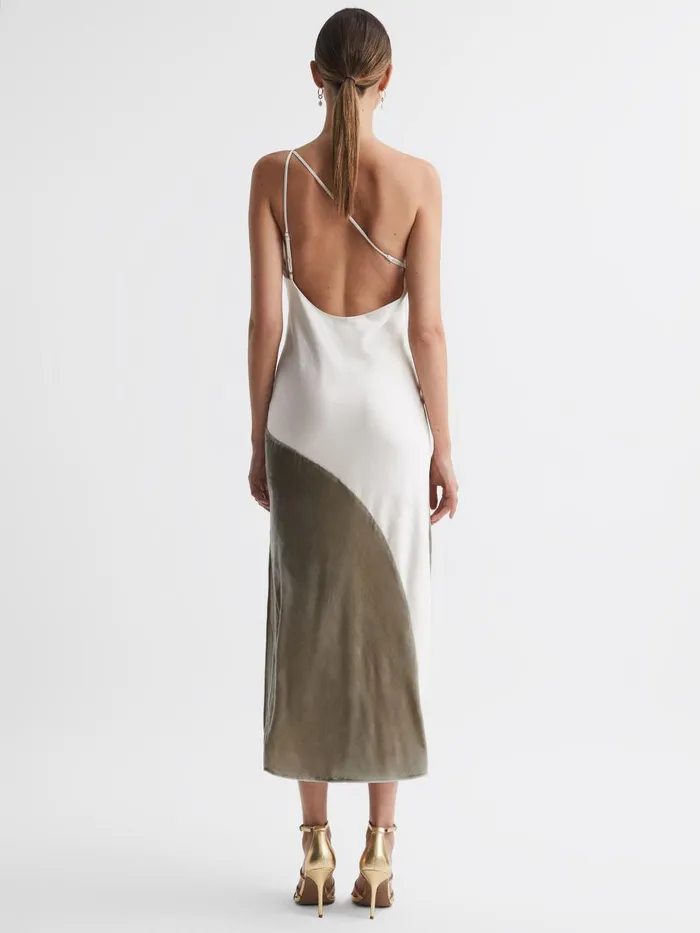 Women Reiss Dresses Keeley SilkVelvet Asymmetric Strap Midi Dress Silver