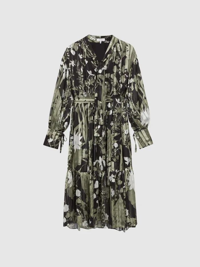 Women Reiss Dresses Lottie Floral Print Tie Neck Midi Dress Green