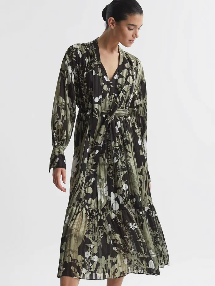 Women Reiss Dresses Lottie Floral Print Tie Neck Midi Dress Green