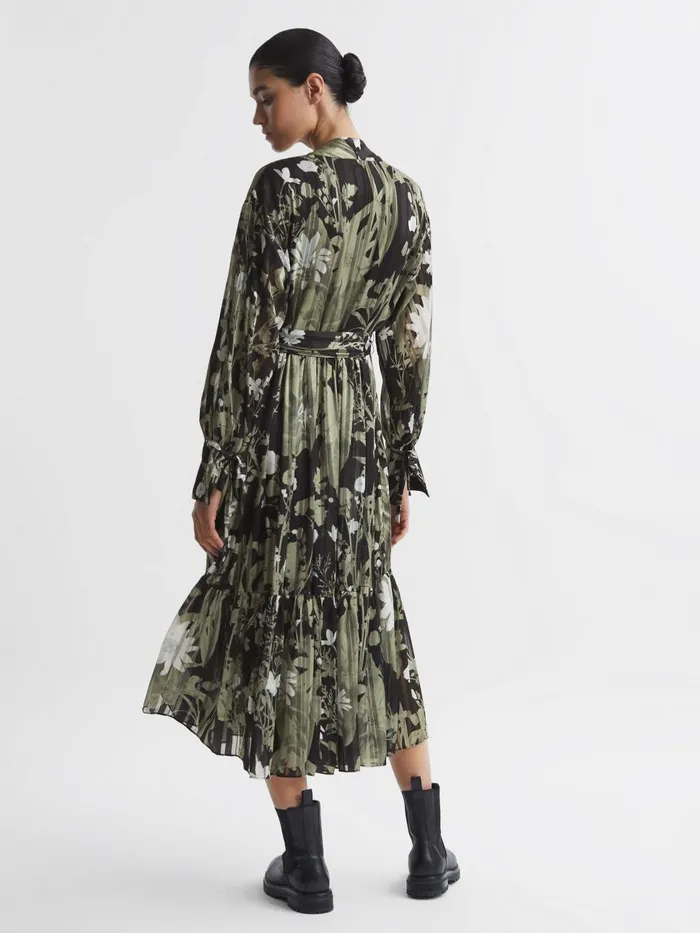 Women Reiss Dresses Lottie Floral Print Tie Neck Midi Dress Green
