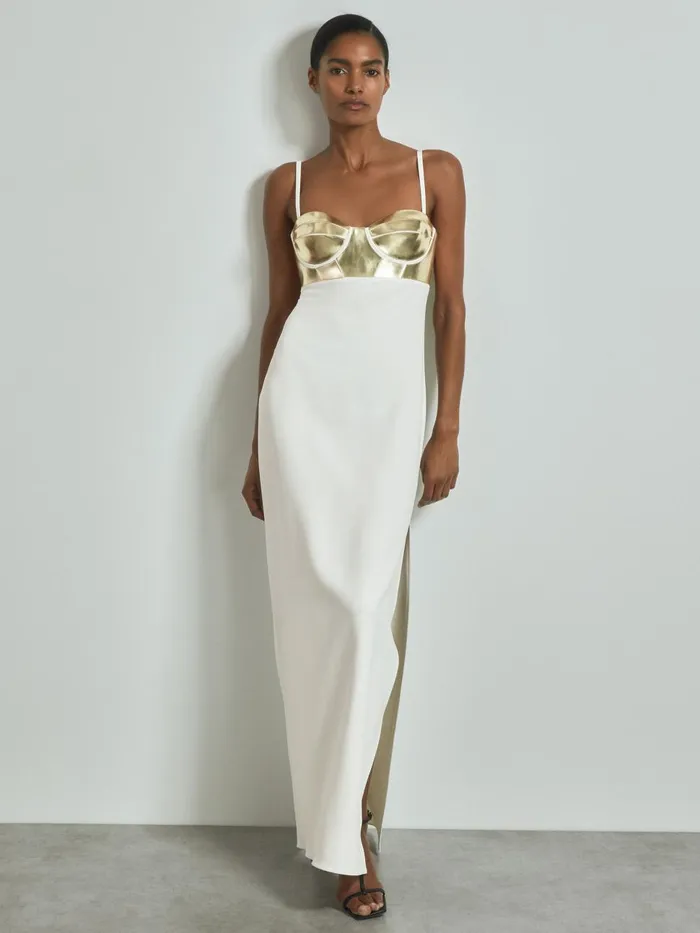 Women Reiss Dresses Metallic Bustier Maxi Dress Off White