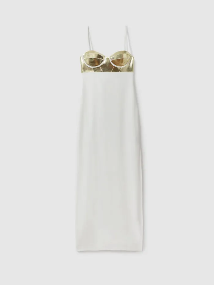 Women Reiss Dresses Metallic Bustier Maxi Dress Off White