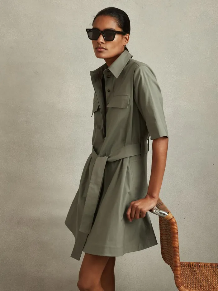 Women Reiss Dresses Milly Pleated Belted Mini Dress Khaki
