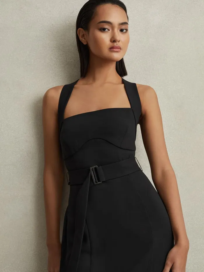 Women Reiss Dresses Nylah CrossBack Belted Bodycon Midi Dress Black