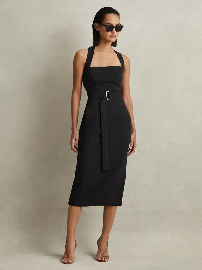 Women Reiss Dresses Nylah CrossBack Belted Bodycon Midi Dress Black