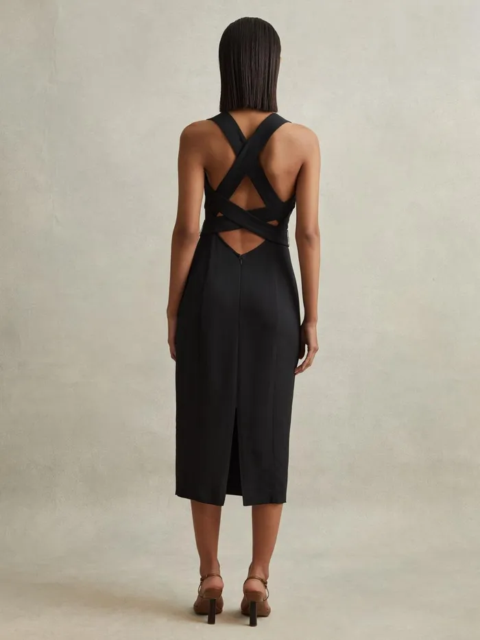 Women Reiss Dresses Nylah CrossBack Belted Bodycon Midi Dress Black