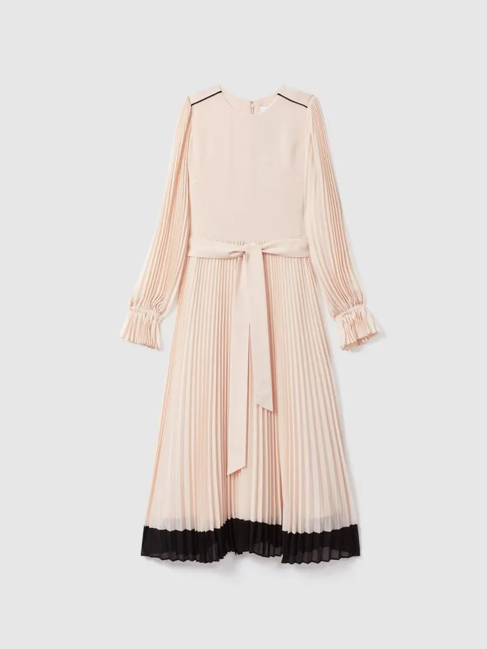 Women Reiss Dresses Priya Pleated Belted Midi Dress Nudeblack