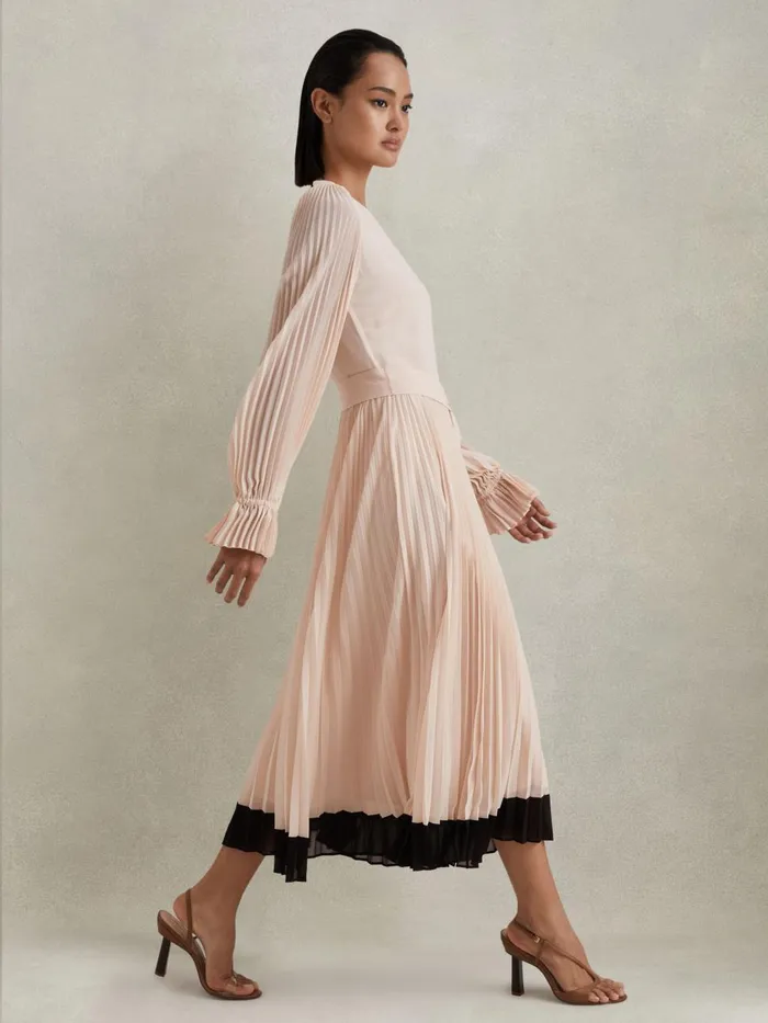 Women Reiss Dresses Priya Pleated Belted Midi Dress Nudeblack