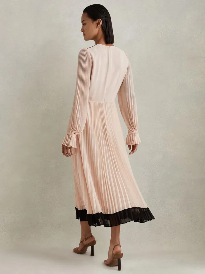 Women Reiss Dresses Priya Pleated Belted Midi Dress Nudeblack