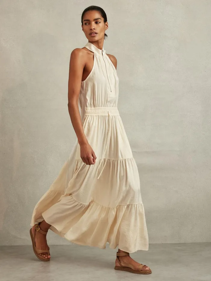 Women Reiss Dresses Taylor Drawstring Waist Tiered Midi Dress Neutral