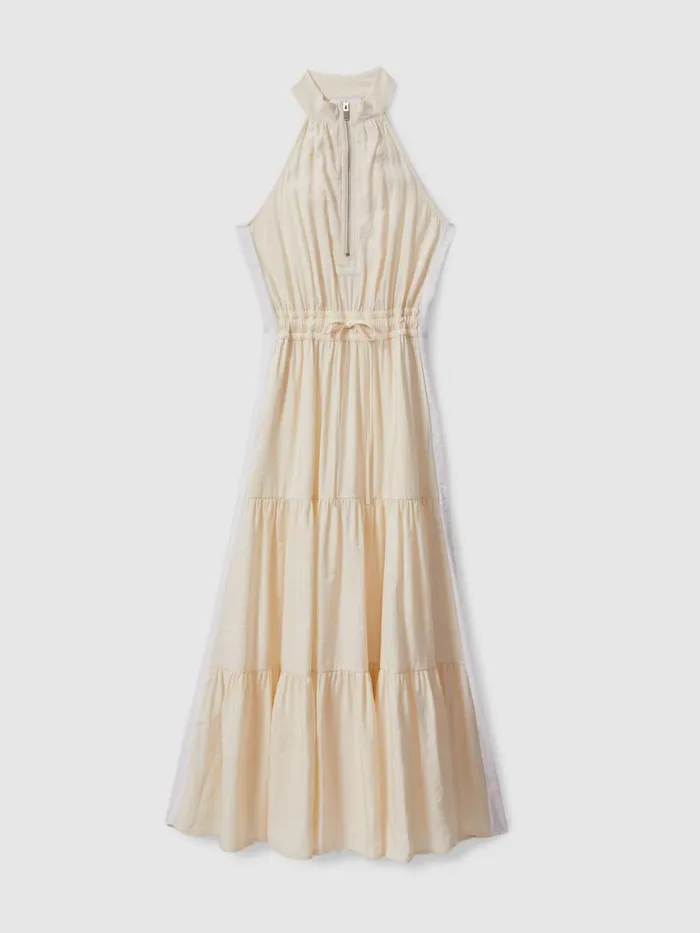 Women Reiss Dresses Taylor Drawstring Waist Tiered Midi Dress Neutral