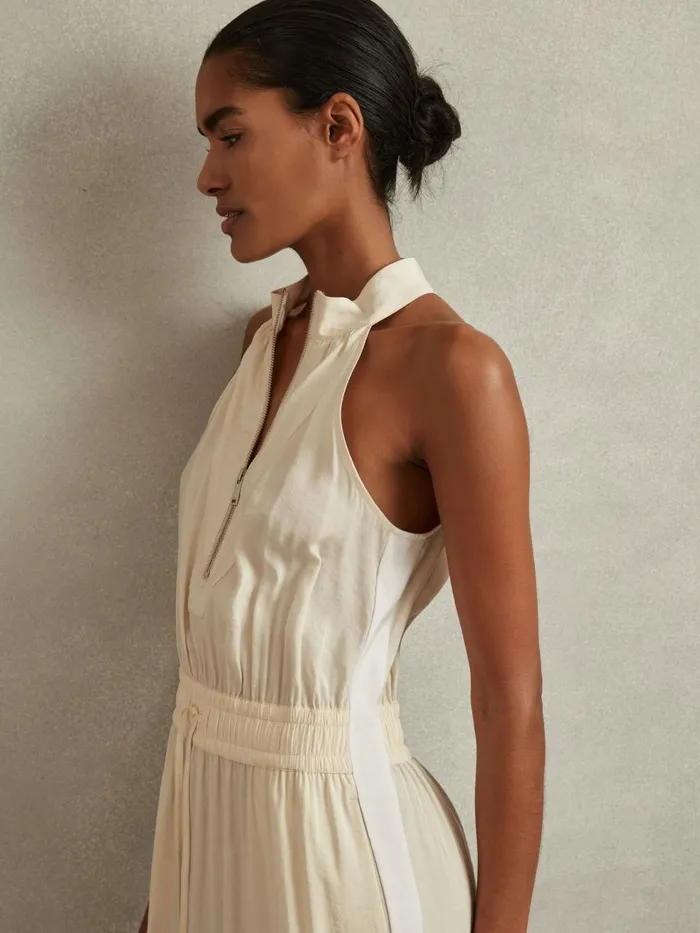 Women Reiss Dresses Taylor Drawstring Waist Tiered Midi Dress Neutral