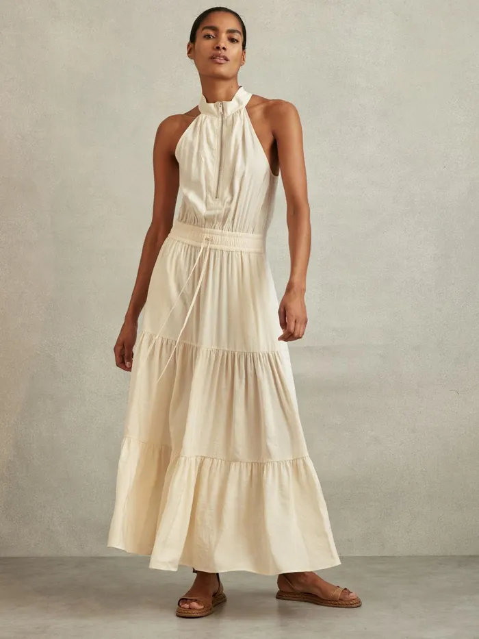 Women Reiss Dresses Taylor Drawstring Waist Tiered Midi Dress Neutral