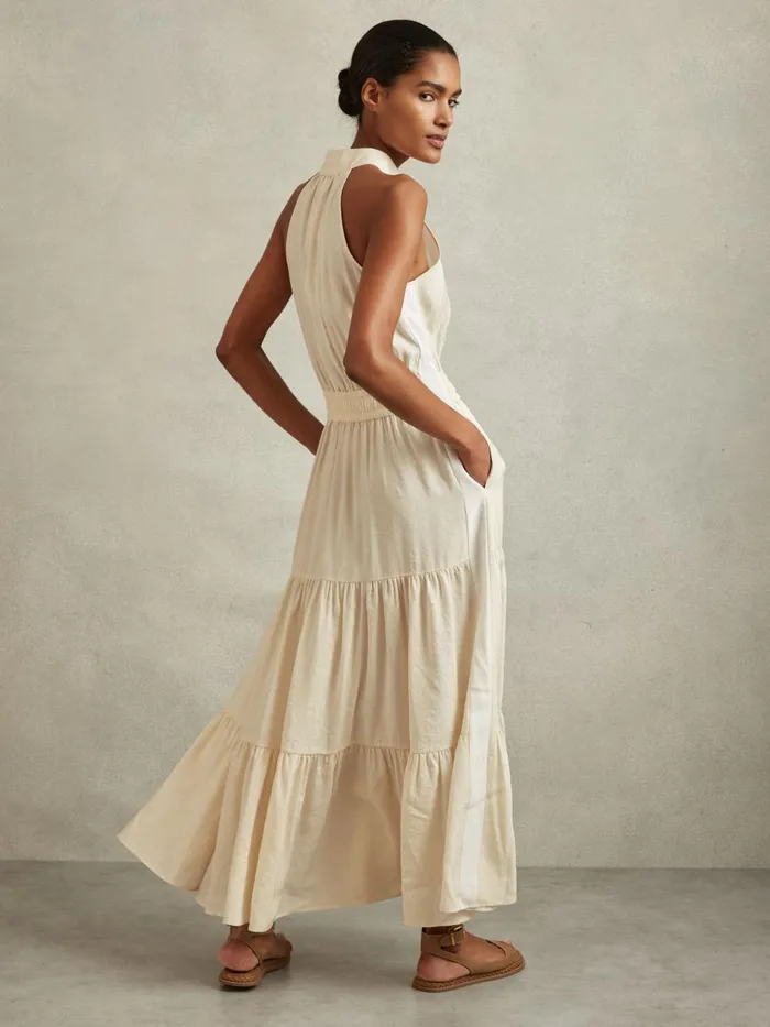Women Reiss Dresses Taylor Drawstring Waist Tiered Midi Dress Neutral