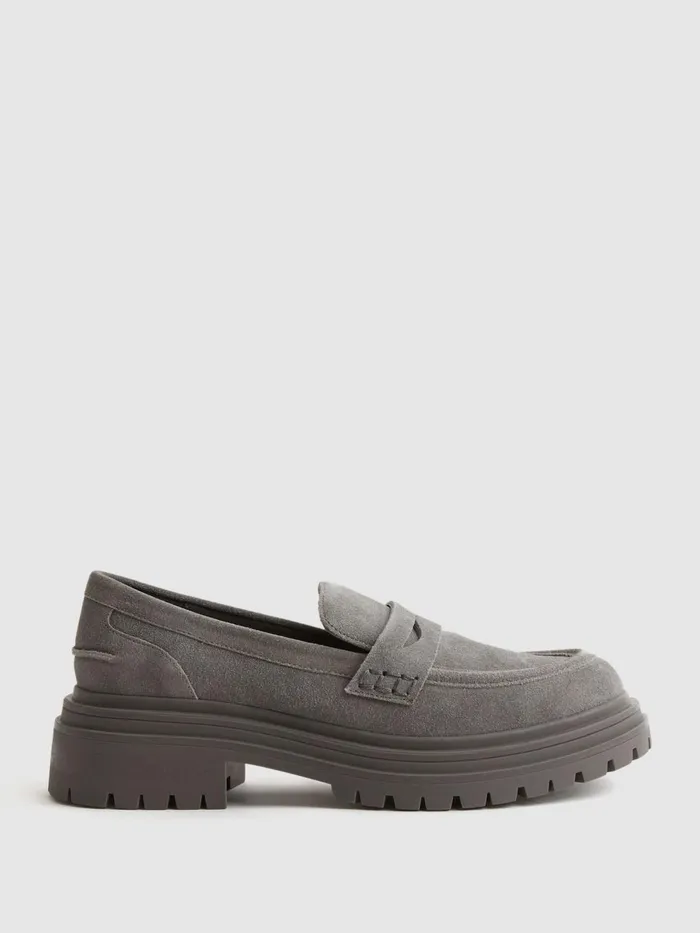 Women Reiss Flats Adele Leather Chunky Cleated Loafers Grey