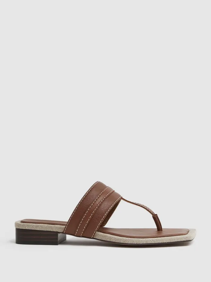Women Reiss Flats Quinn Leather Strap Thong Sandals Tan