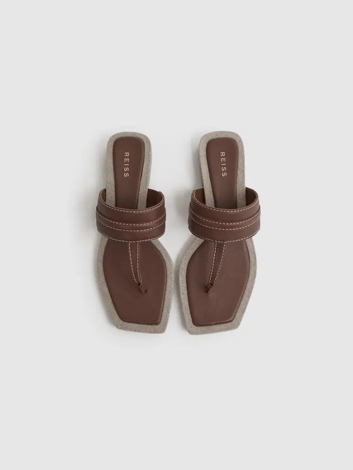 Women Reiss Flats Quinn Leather Strap Thong Sandals Tan