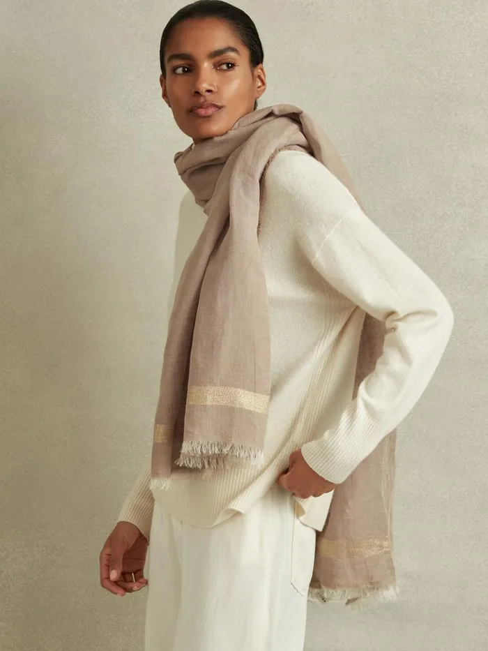 Women Reiss Hats Gloves and Scarves Melanie Linen Blend Sparkle Scarf Taupe