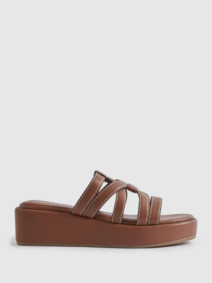 Women Reiss Heels Naya Leather Strappy Platform Sandals Tan