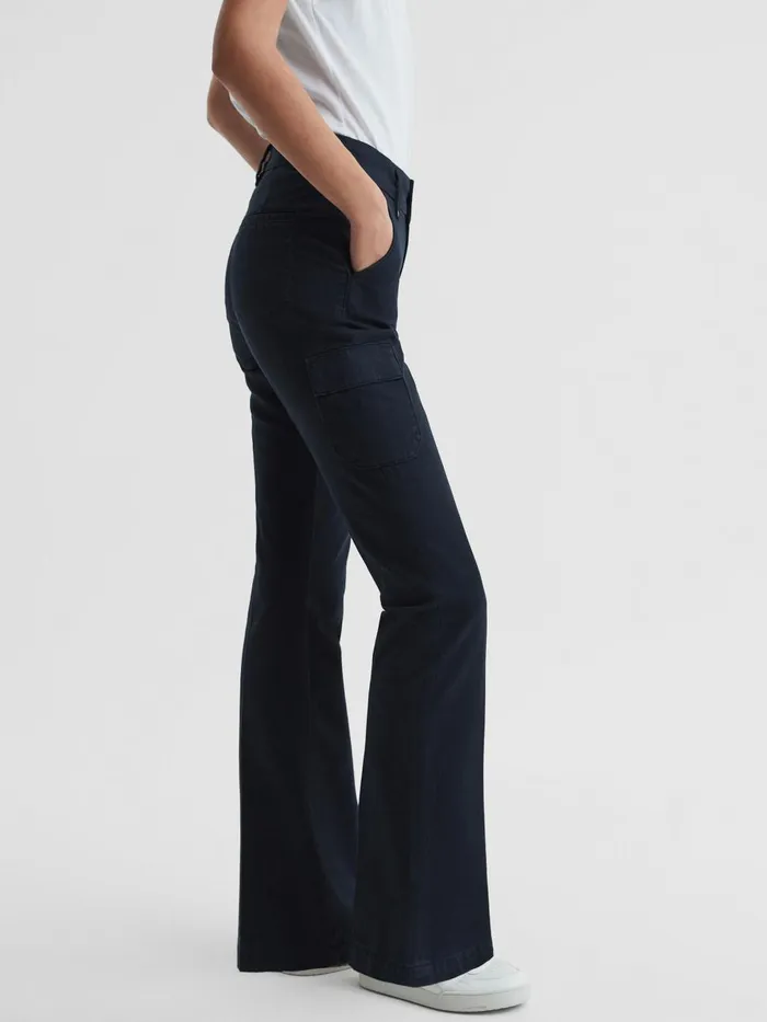 Women Reiss Jeans Flared Cargo Trousers Navy Skyline