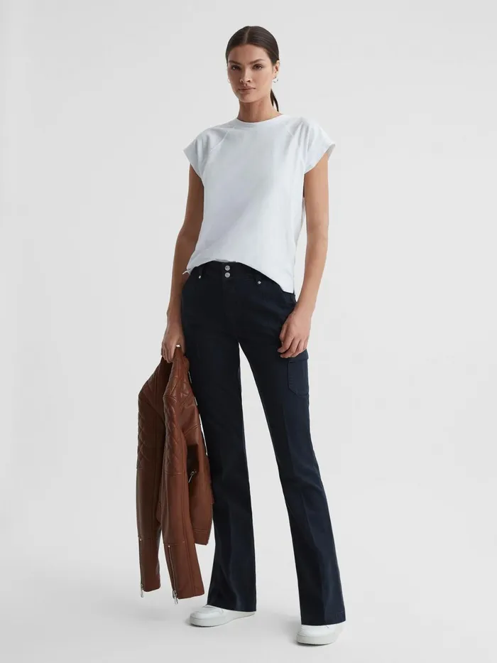Women Reiss Jeans Flared Cargo Trousers Navy Skyline