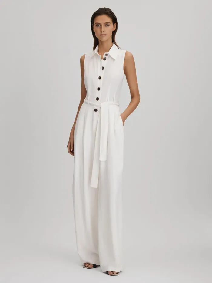 Women Reiss Jumpsuits and Playsuits Perla Belted Wide Leg Jumpsuit White