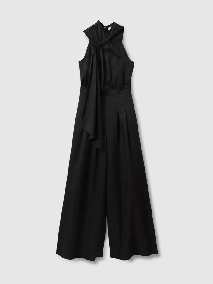 Women Reiss Jumpsuits and Playsuits Selena Linen Blend Drape Jumpsuit Black