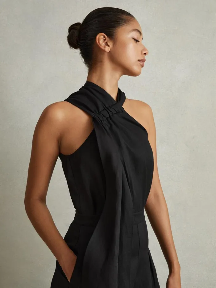 Women Reiss Jumpsuits and Playsuits Selena Linen Blend Drape Jumpsuit Black