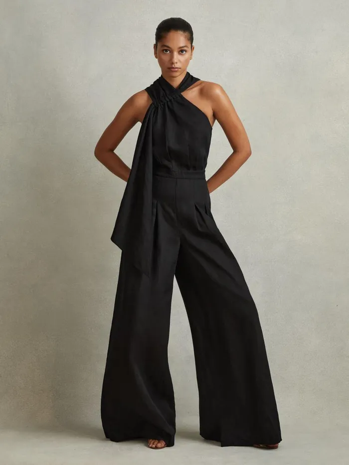 Women Reiss Jumpsuits and Playsuits Selena Linen Blend Drape Jumpsuit Black