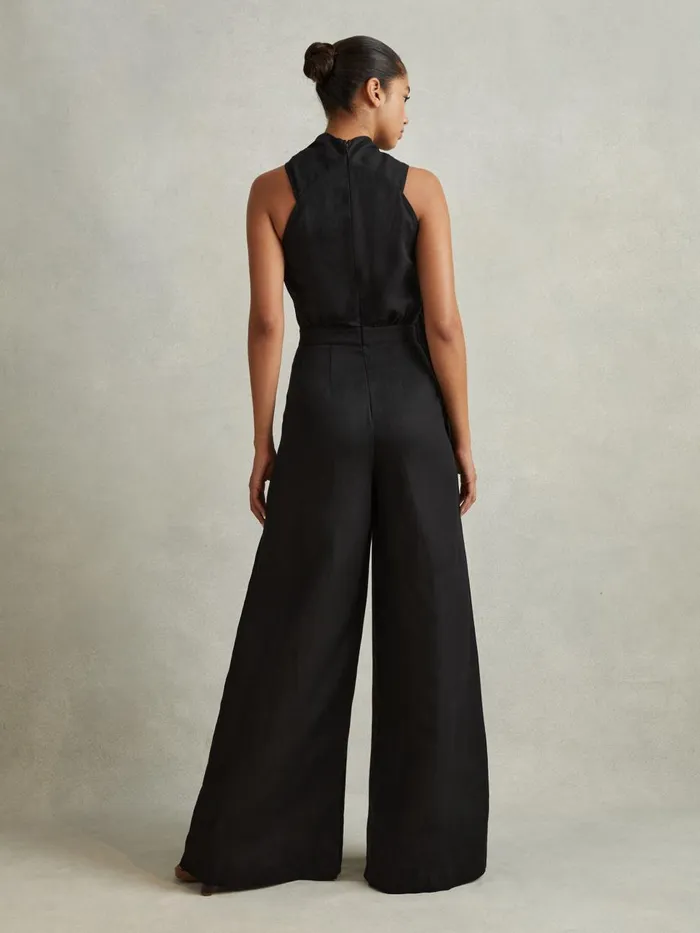 Women Reiss Jumpsuits and Playsuits Selena Linen Blend Drape Jumpsuit Black