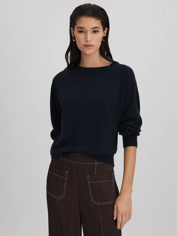 Women Reiss Knitwear Andi Oversized Wool Blend Crew Neck Jumper Navy
