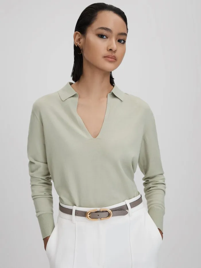 Women Reiss Knitwear Nellie Knitted Collared VNeck Top Sage