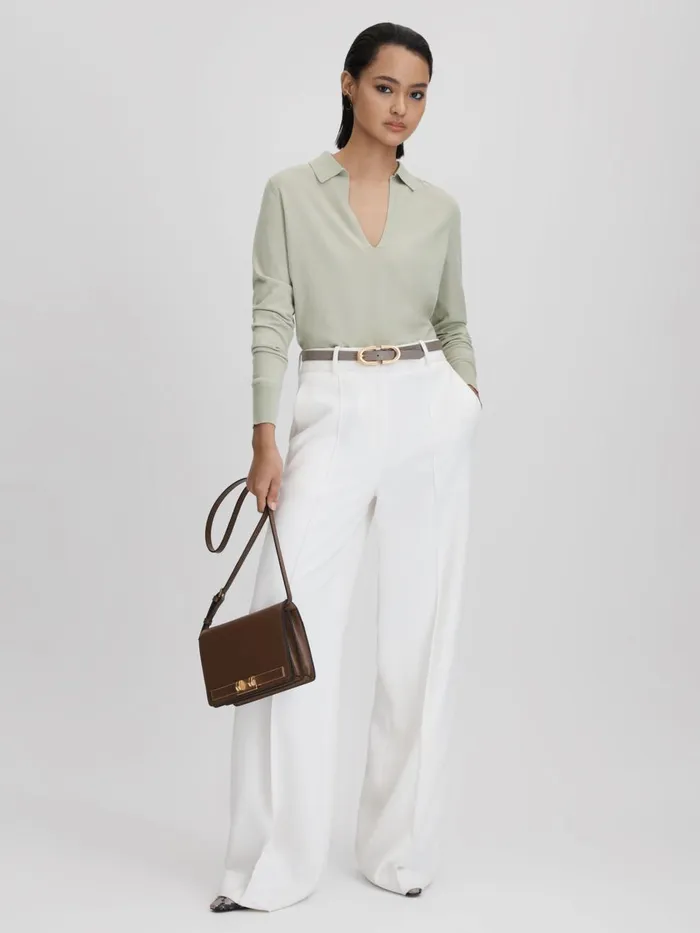 Women Reiss Knitwear Nellie Knitted Collared VNeck Top Sage