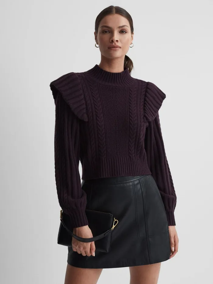Women Reiss Knitwear Wool Blend Frill Jumper Black Cherry