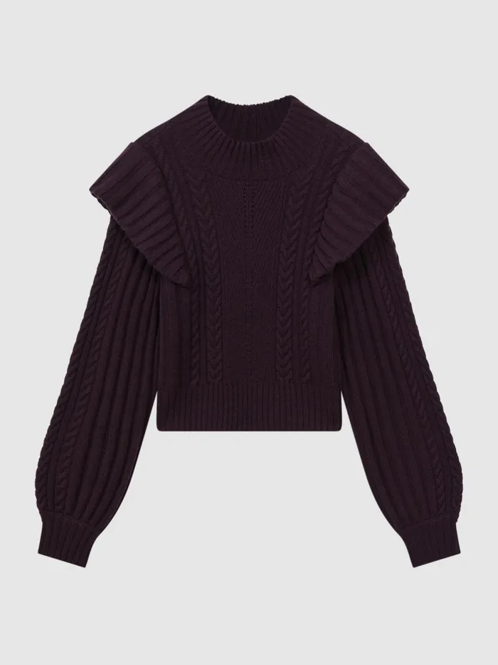 Women Reiss Knitwear Wool Blend Frill Jumper Black Cherry